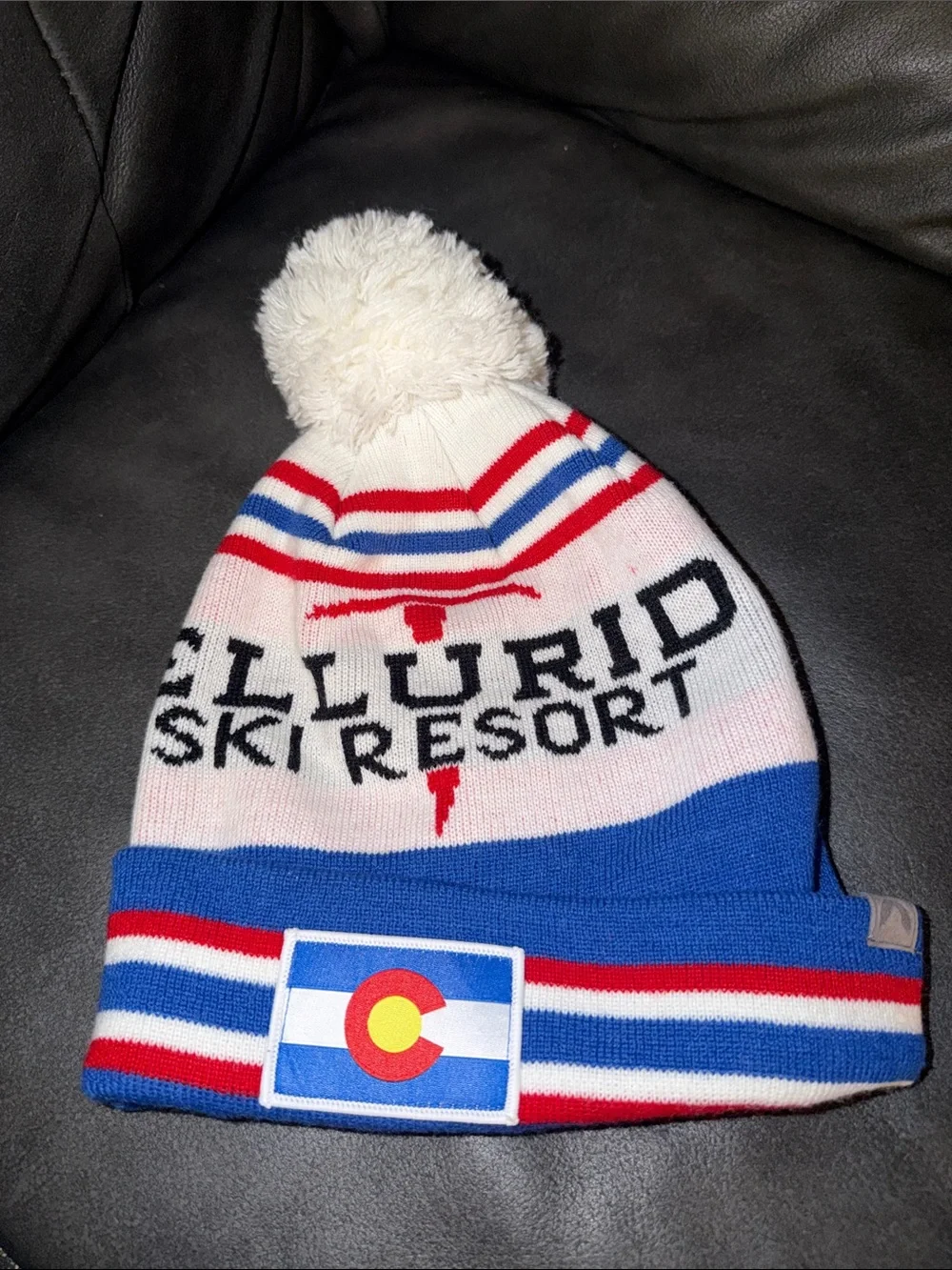 Adult ski resort snowboard Colorado state Pom Beanie - Blue, Red, White